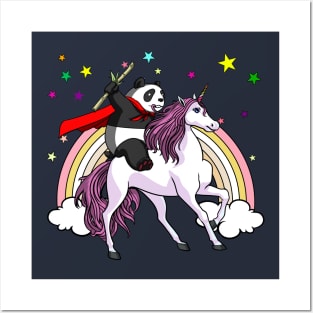 Panda Bear Riding Unicorn Funny Rainbow Posters and Art